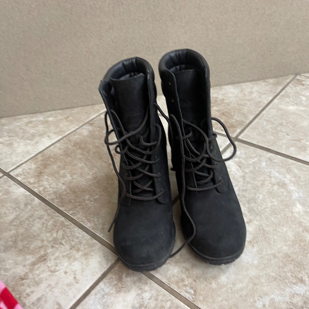 Timberland tillston Black Nubuck Leather Lace Up Block Heel Boots Womens 6.5 - Picture 3 of 10
